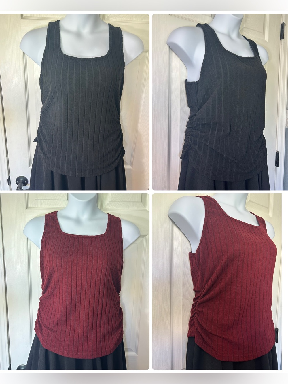 2-Pack Ribbed Ruched Tank Tops – Black & Burgundy – Size 2XL